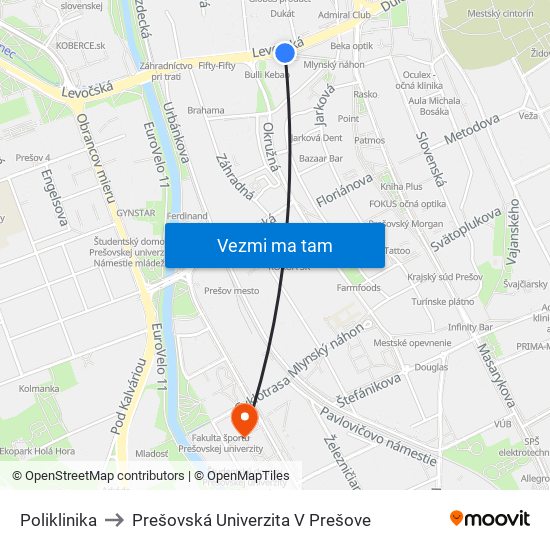 Poliklinika to Prešovská Univerzita V Prešove map