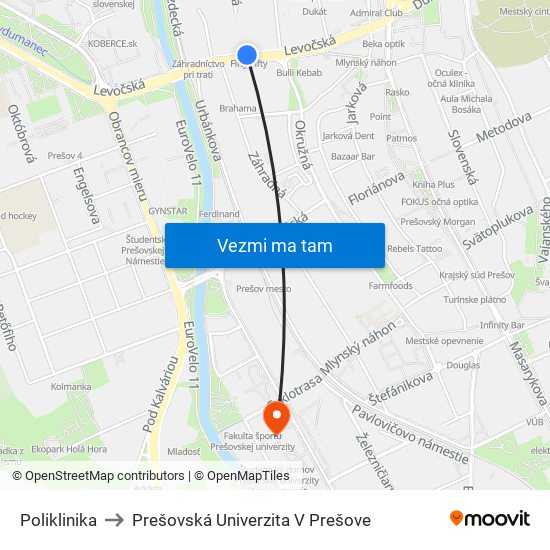 Poliklinika to Prešovská Univerzita V Prešove map