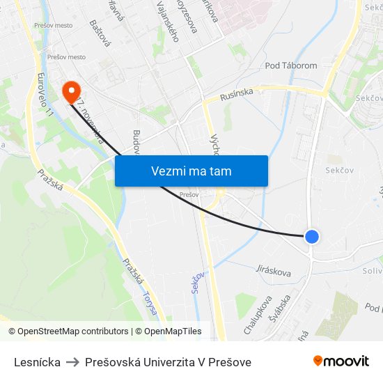 Lesnícka to Prešovská Univerzita V Prešove map