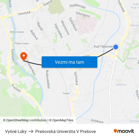 Vyšné Lúky to Prešovská Univerzita V Prešove map