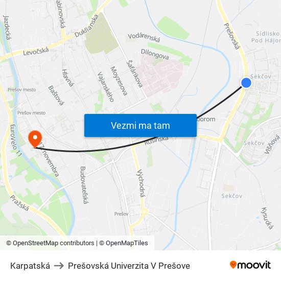 Karpatská to Prešovská Univerzita V Prešove map