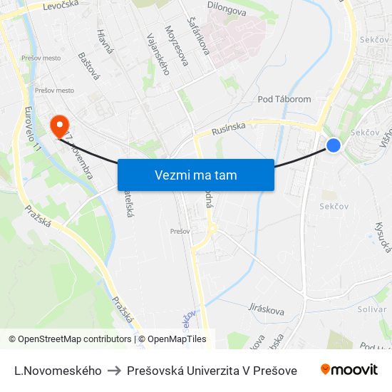 L.Novomeského to Prešovská Univerzita V Prešove map