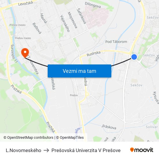 L.Novomeského to Prešovská Univerzita V Prešove map