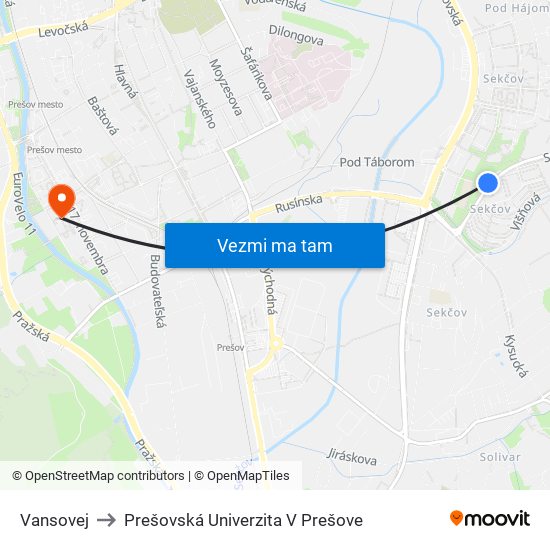 Vansovej to Prešovská Univerzita V Prešove map