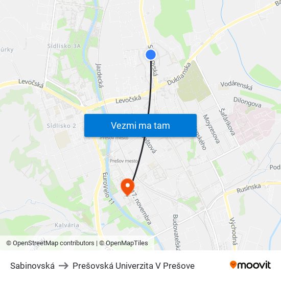 Sabinovská to Prešovská Univerzita V Prešove map