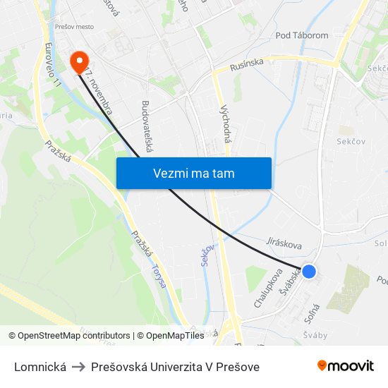 Lomnická to Prešovská Univerzita V Prešove map