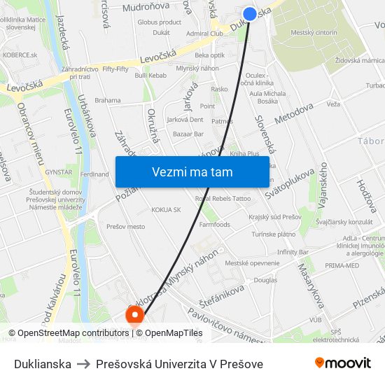 Duklianska to Prešovská Univerzita V Prešove map