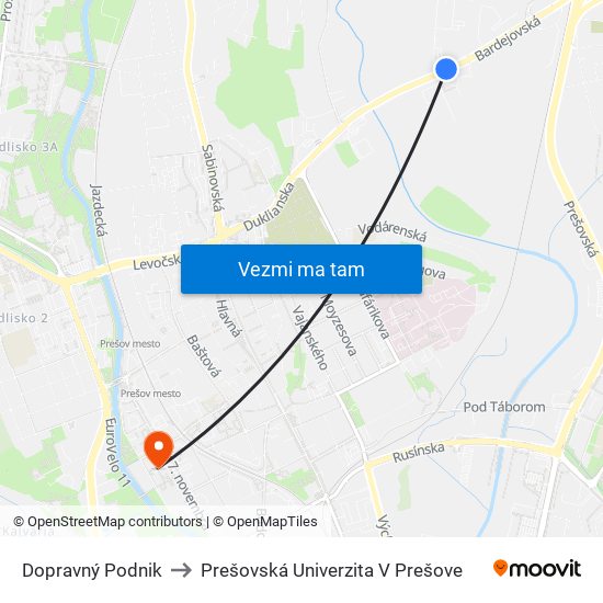 Dopravný Podnik to Prešovská Univerzita V Prešove map