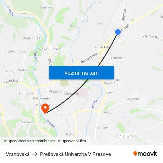 Vranovská to Prešovská Univerzita V Prešove map