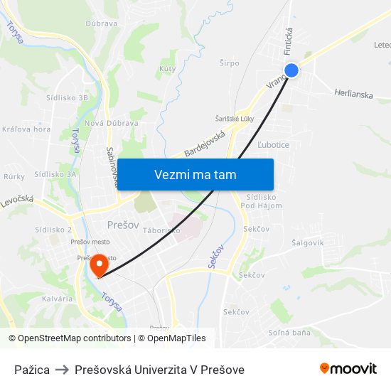 Pažica to Prešovská Univerzita V Prešove map