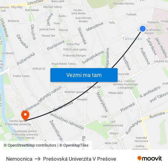 Nemocnica to Prešovská Univerzita V Prešove map