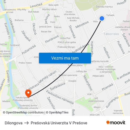 Dilongova to Prešovská Univerzita V Prešove map