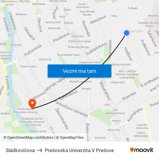 Sládkovičova to Prešovská Univerzita V Prešove map