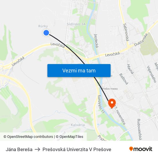 Jána Bereša to Prešovská Univerzita V Prešove map