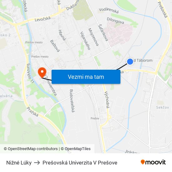 Nižné Lúky to Prešovská Univerzita V Prešove map