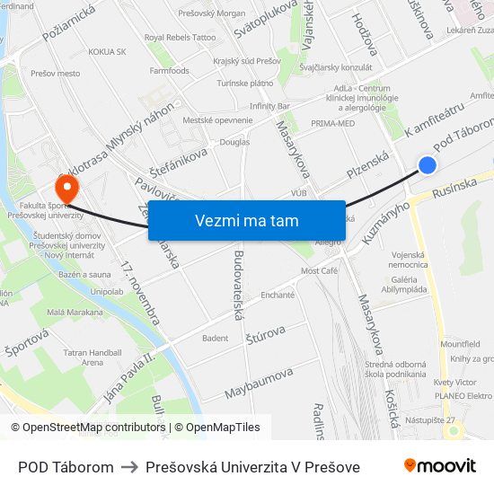 POD Táborom to Prešovská Univerzita V Prešove map