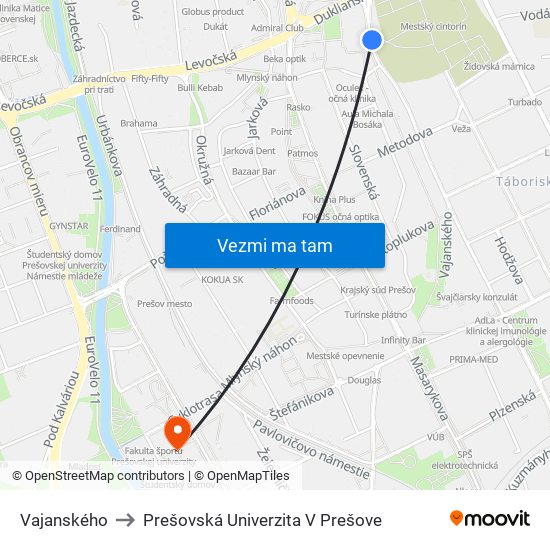 Vajanského to Prešovská Univerzita V Prešove map