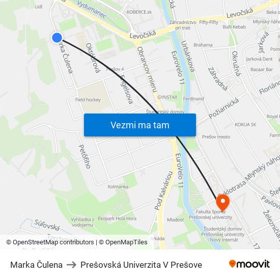 Marka Čulena to Prešovská Univerzita V Prešove map