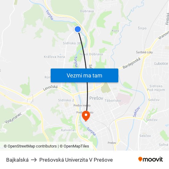 Bajkalská to Prešovská Univerzita V Prešove map