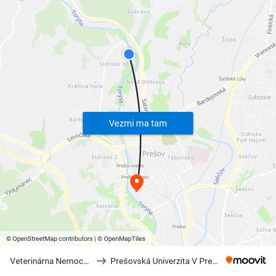 Veterinárna Nemocnica to Prešovská Univerzita V Prešove map