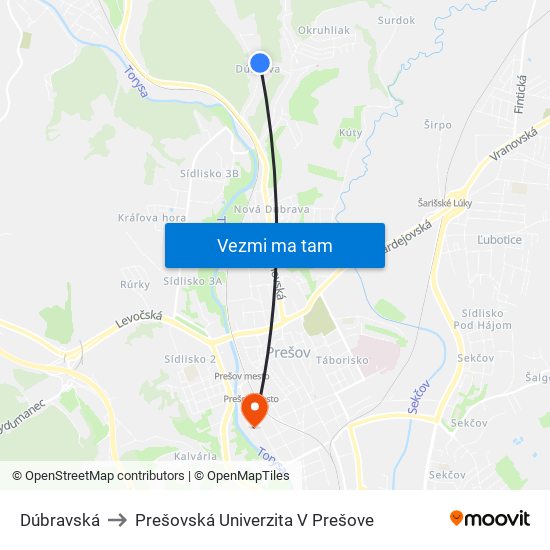 Dúbravská to Prešovská Univerzita V Prešove map