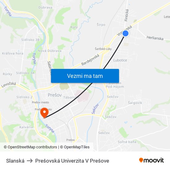 Slanská to Prešovská Univerzita V Prešove map