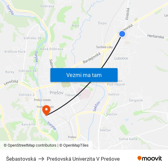 Šebastovská to Prešovská Univerzita V Prešove map