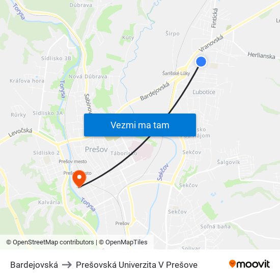 Bardejovská to Prešovská Univerzita V Prešove map