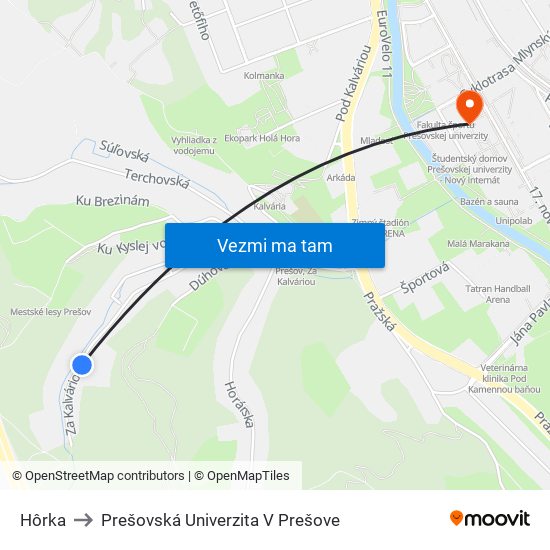 Hôrka to Prešovská Univerzita V Prešove map