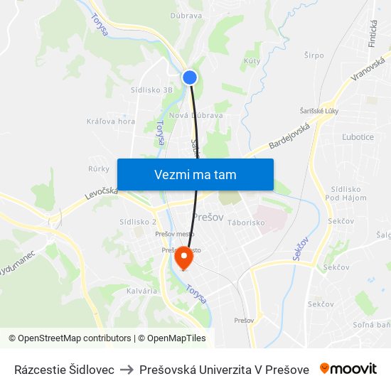 Rázcestie Šidlovec to Prešovská Univerzita V Prešove map