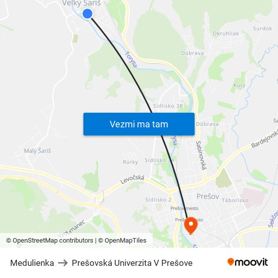 Medulienka to Prešovská Univerzita V Prešove map