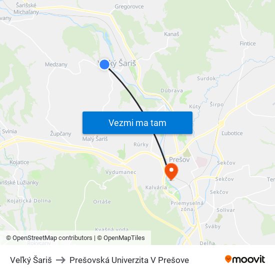 Veľký Šariš to Prešovská Univerzita V Prešove map