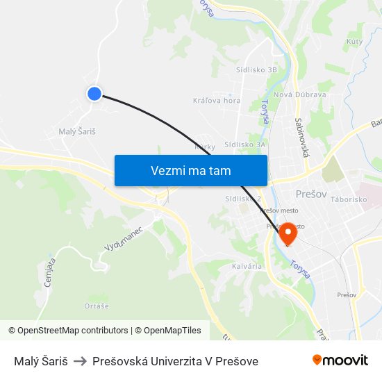 Malý Šariš to Prešovská Univerzita V Prešove map