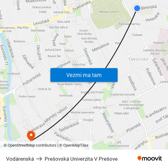 Vodárenská to Prešovská Univerzita V Prešove map