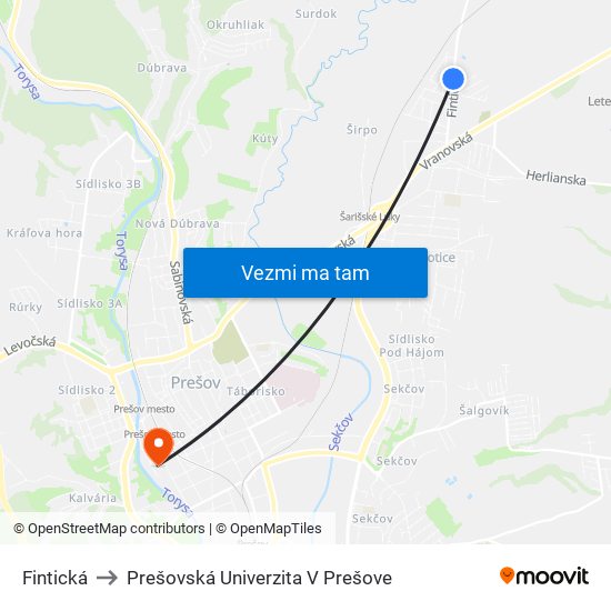 Fintická to Prešovská Univerzita V Prešove map