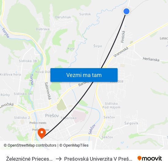 Železničné Priecestie to Prešovská Univerzita V Prešove map