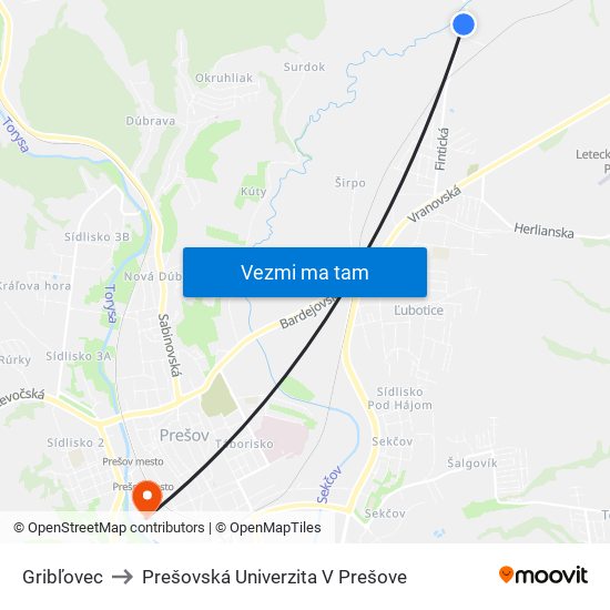 Gribľovec to Prešovská Univerzita V Prešove map