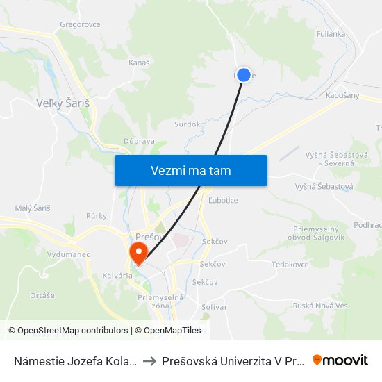 Námestie Jozefa Kolarčíka to Prešovská Univerzita V Prešove map