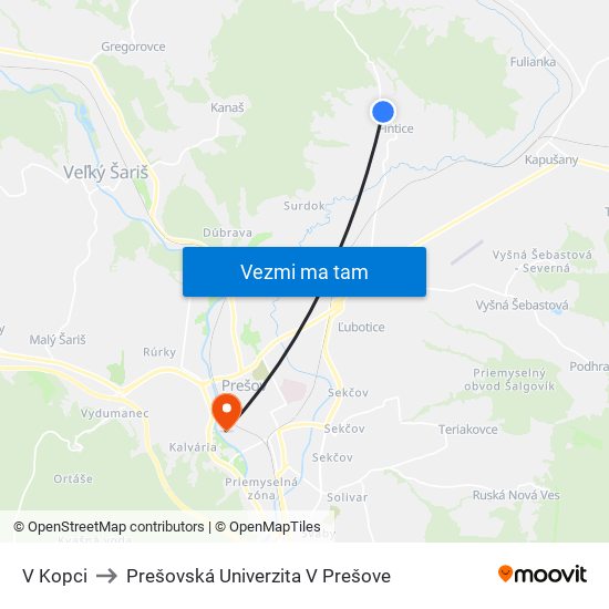 V Kopci to Prešovská Univerzita V Prešove map