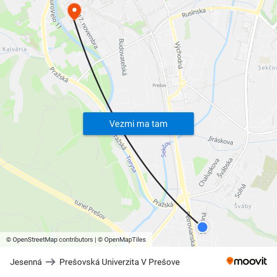 Jesenná to Prešovská Univerzita V Prešove map