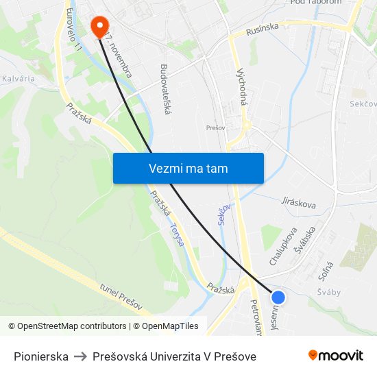Pionierska to Prešovská Univerzita V Prešove map
