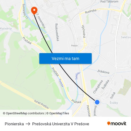 Pionierska to Prešovská Univerzita V Prešove map