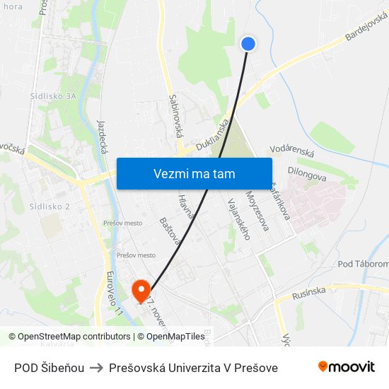 POD Šibeňou to Prešovská Univerzita V Prešove map