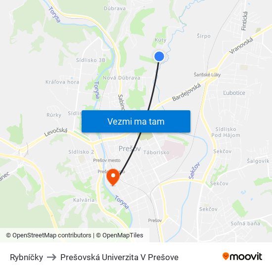 Rybníčky to Prešovská Univerzita V Prešove map