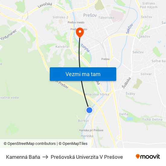 Kamenná Baňa to Prešovská Univerzita V Prešove map