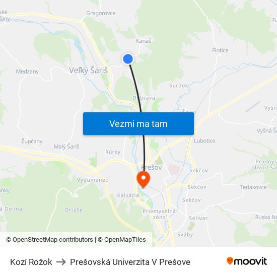 Kozí Rožok to Prešovská Univerzita V Prešove map