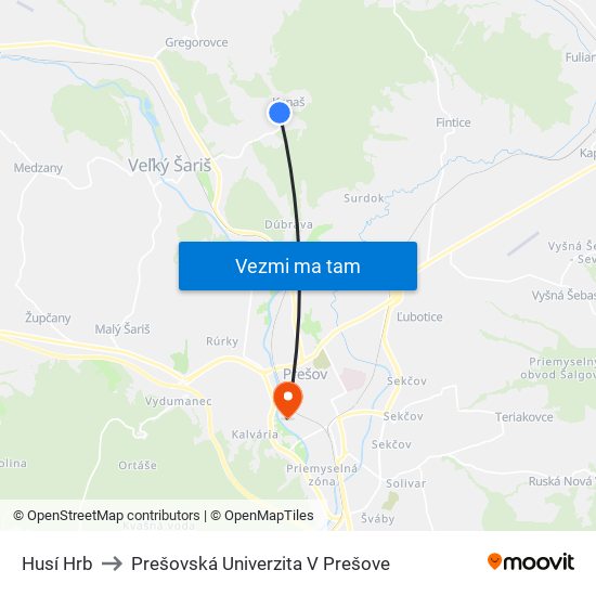Husí Hrb to Prešovská Univerzita V Prešove map