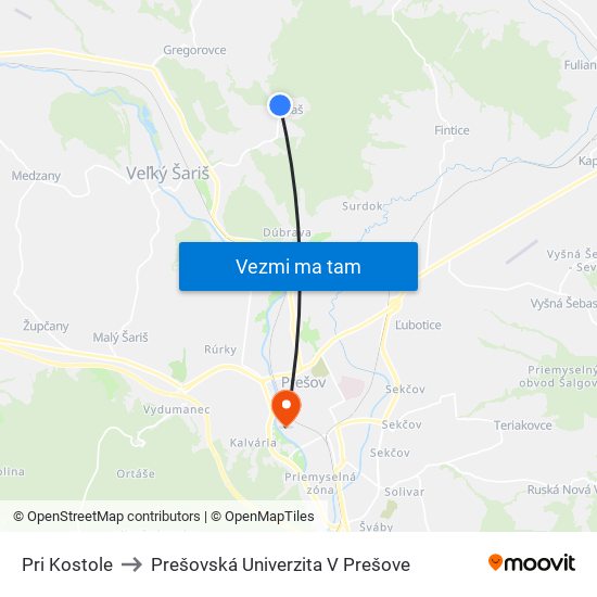 Pri Kostole to Prešovská Univerzita V Prešove map