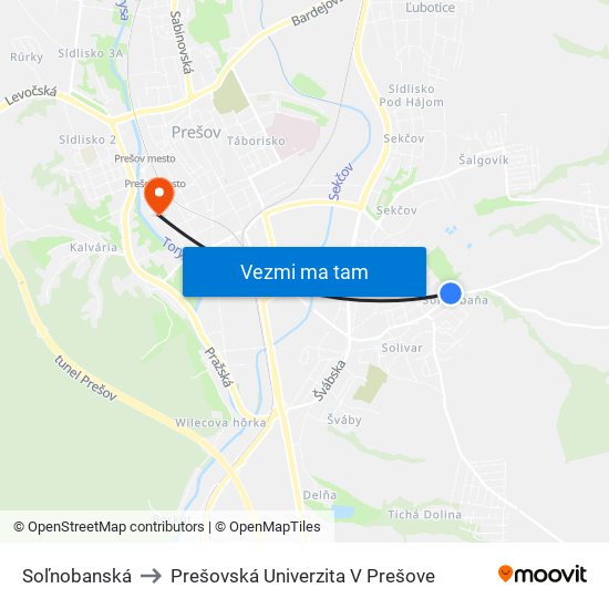 Soľnobanská to Prešovská Univerzita V Prešove map
