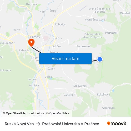 Ruská Nová Ves to Prešovská Univerzita V Prešove map